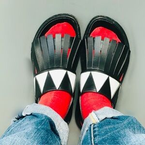 MARNI Fringe Chevron Black and White Sandals